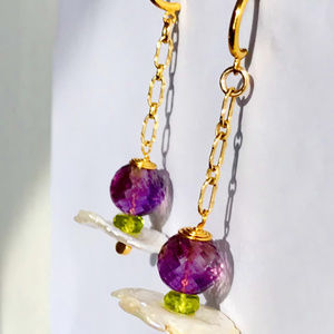Earrings, Amethyst, Pearl, Peridot